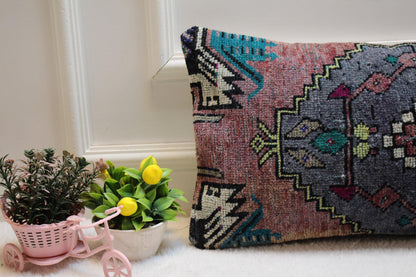 Handmade Kilim Lumbar Pillow Cover: Geometric Woven Rug, 12x24 inch