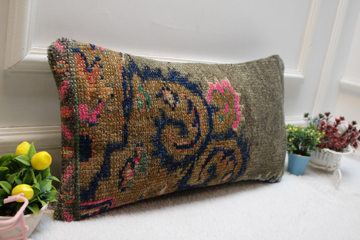 Handmade Kilim Pillow Cover: Upcycled Woven Rug, Gray Beige Pink (12X24 inc.)