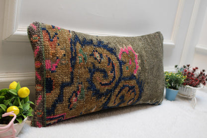 Handmade Kilim Pillow Cover: Upcycled Woven Rug, Gray Beige Pink (12X24 inc.)
