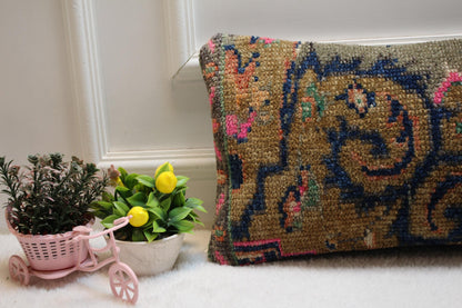 Handmade Kilim Pillow Cover: Upcycled Woven Rug, Gray Beige Pink (12X24 inc.)