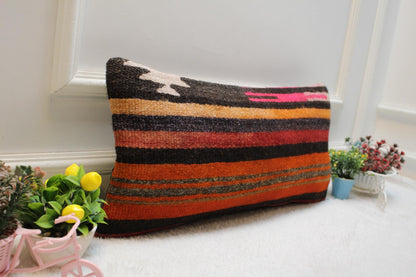 Striped Kilim Lumbar Pillow Cover: Vintage Woven Wool, 12x24 inch
