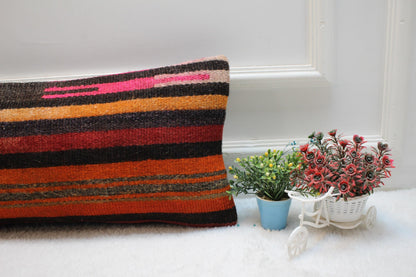 Striped Kilim Lumbar Pillow Cover: Vintage Woven Wool, 12x24 inch