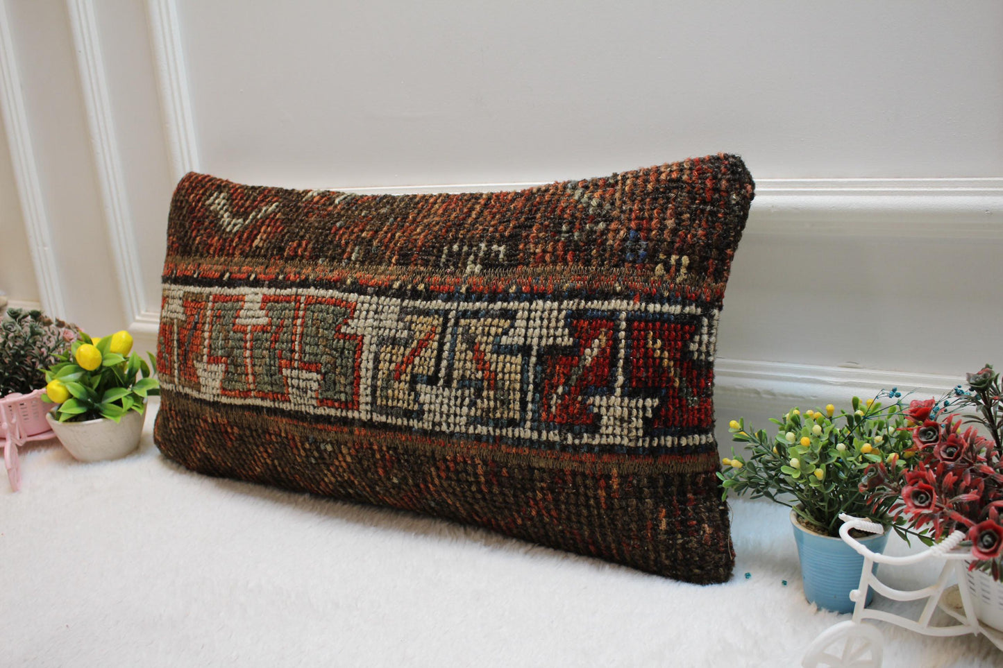 Handmade Turkish Rug Lumbar Pillow Cover: Patchwork Wool, 12x24 inch