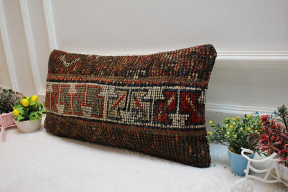Handmade Turkish Rug Lumbar Pillow Cover: Patchwork Wool, 12x24 inch