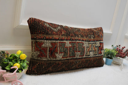 Handmade Turkish Rug Lumbar Pillow Cover: Patchwork Wool, 12x24 inch