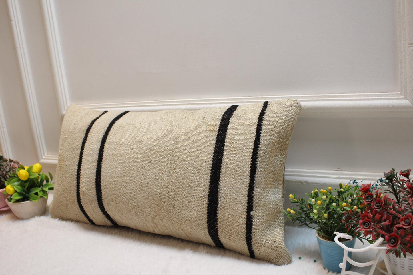 Handmade Wool Kilim Lumbar Pillow Cover: Upcycled Woven Rug, 12x24 inch
