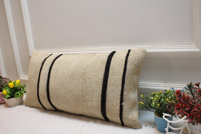 Handmade Wool Kilim Lumbar Pillow Cover: Upcycled Woven Rug, 12x24 inch