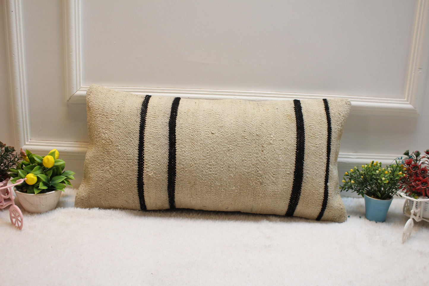 Handmade Wool Kilim Lumbar Pillow Cover: Upcycled Woven Rug, 12x24 inch