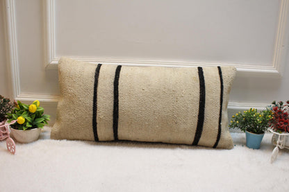 Handmade Wool Kilim Lumbar Pillow Cover: Upcycled Woven Rug, 12x24 inch