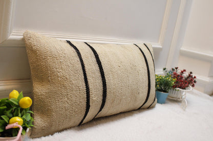 Handmade Wool Kilim Lumbar Pillow Cover: Upcycled Woven Rug, 12x24 inch