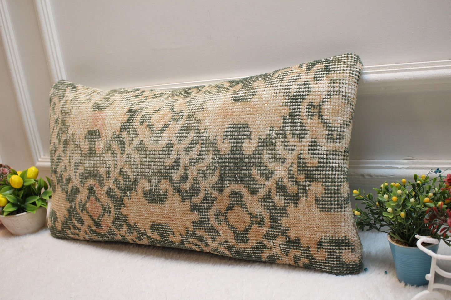 Geometric Turkish Rug Lumbar Pillow Cover: Handmade Upcycled Wool (12x24 in)