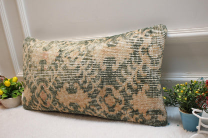 Geometric Turkish Rug Lumbar Pillow Cover: Handmade Upcycled Wool (12x24 in)