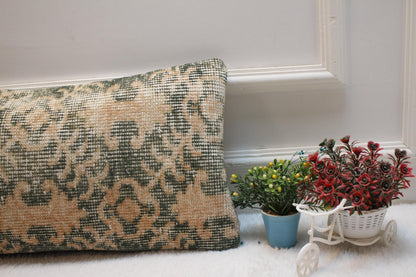 Geometric Turkish Rug Lumbar Pillow Cover: Handmade Upcycled Wool (12x24 in)
