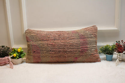 Handmade Kilim Lumbar Pillow Cover: Upcycled Wool, Pink Beige (12x24 in)
