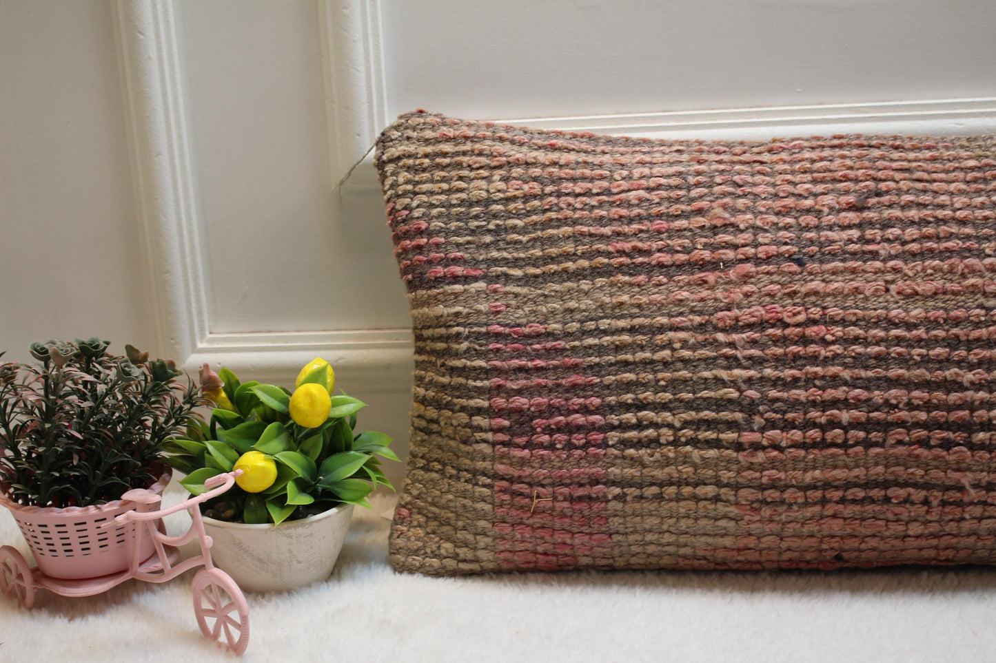 Handmade Kilim Lumbar Pillow Cover: Upcycled Wool, Pink Beige (12x24 in)