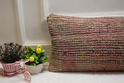 Handmade Kilim Lumbar Pillow Cover: Upcycled Wool, Pink Beige (12x24 in)