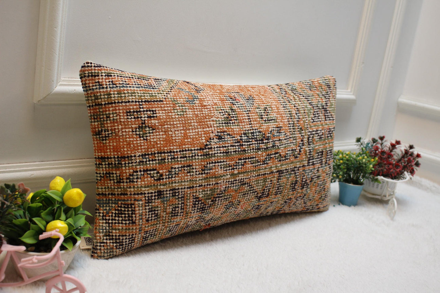 Orange Vintage Turkish Rug Lumbar Pillow Cover: Handmade Wool, 12x24 inch