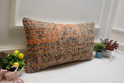Orange Vintage Turkish Rug Lumbar Pillow Cover: Handmade Wool, 12x24 inch