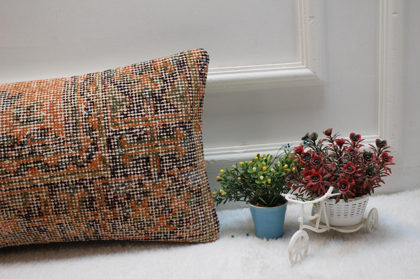 Orange Vintage Turkish Rug Lumbar Pillow Cover: Handmade Wool, 12x24 inch