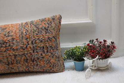 Orange Vintage Turkish Rug Lumbar Pillow Cover: Handmade Wool, 12x24 inch