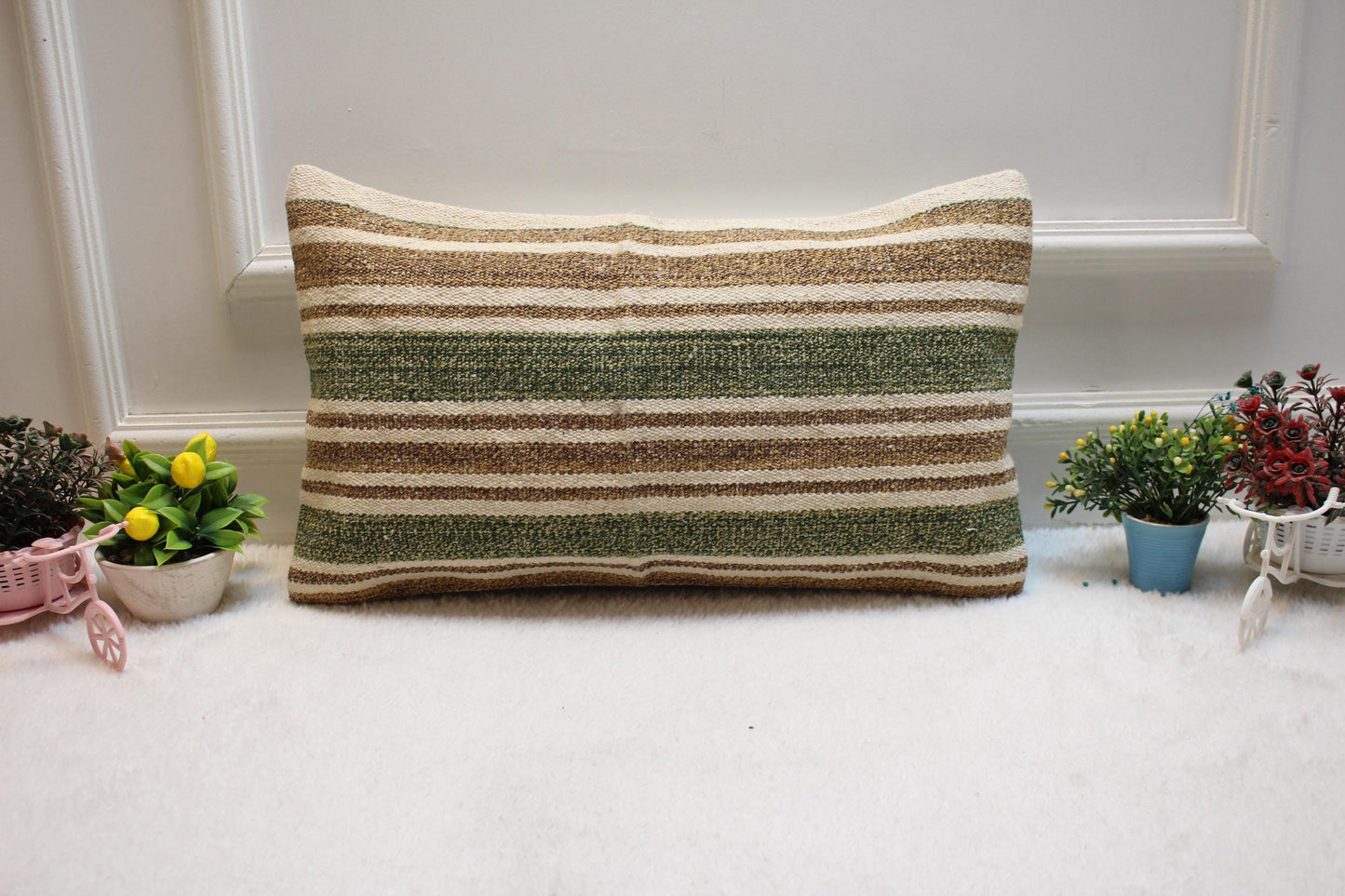Striped Kilim Lumbar Pillow Cover: Vintage Rug Pillow, 12x24 inch