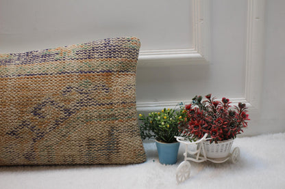 Handmade Kilim Lumbar Pillow Cover: Upcycled Woven Wool, 12x24 inch