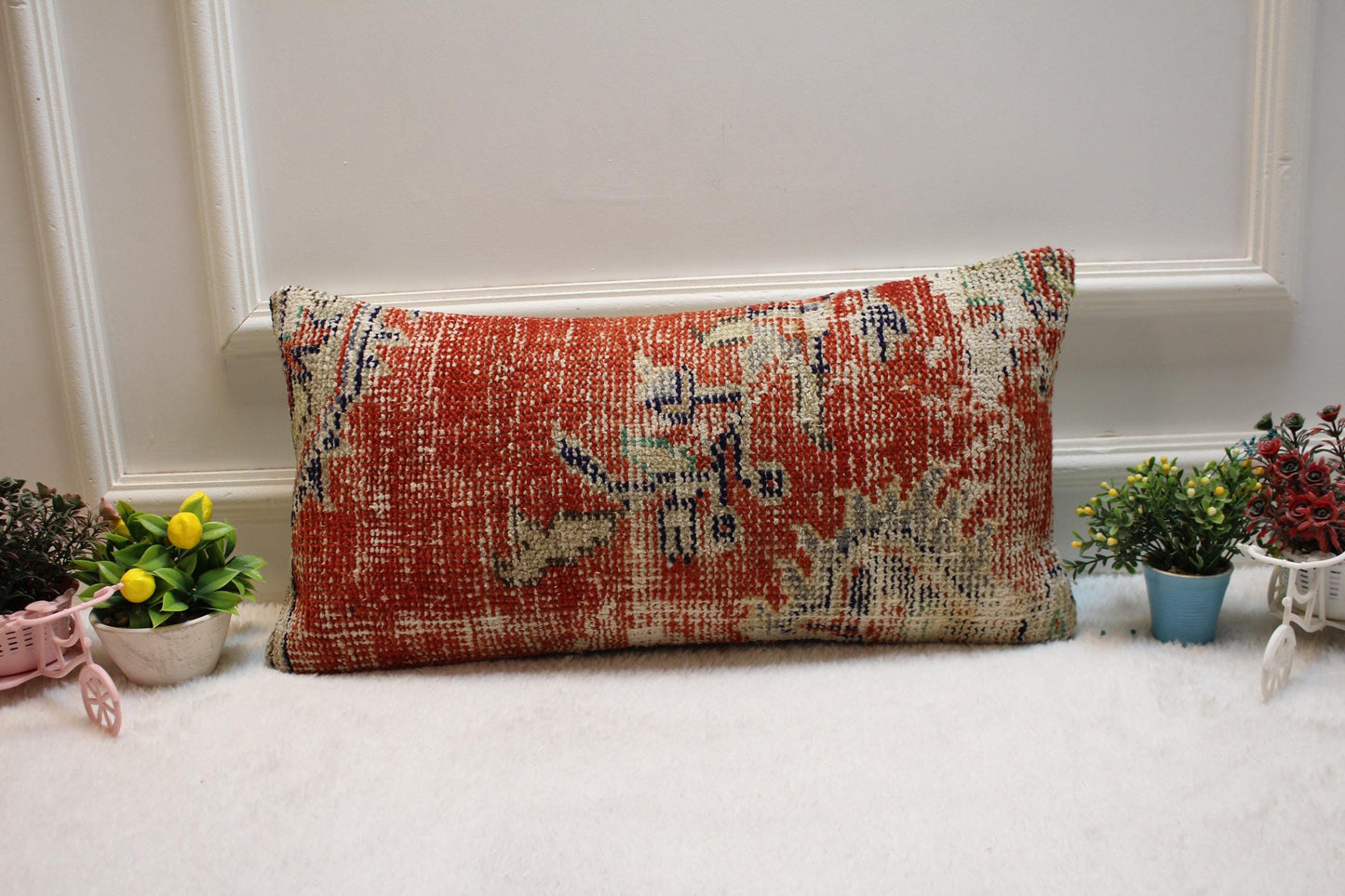 Handmade Red Floral Kilim Pillow Cover: Upcycled Woven Wool, 12x24