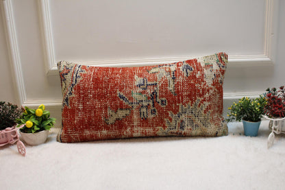Handmade Red Floral Kilim Pillow Cover: Upcycled Woven Wool, 12x24