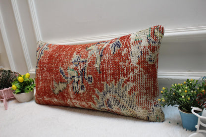 Handmade Red Floral Kilim Pillow Cover: Upcycled Woven Wool, 12x24