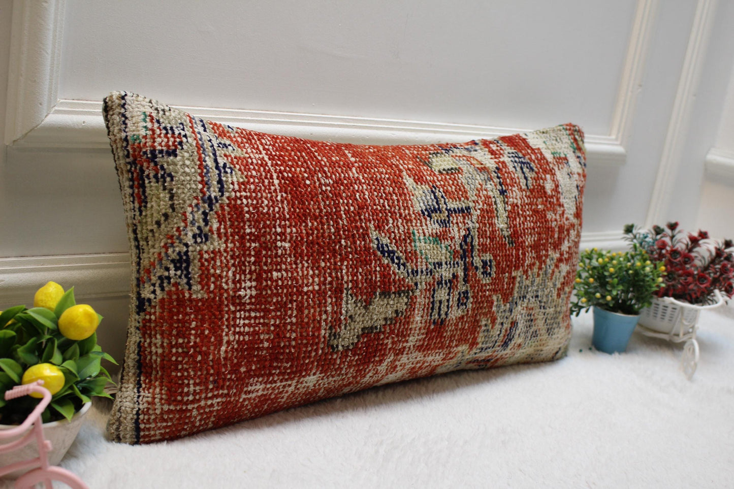 Handmade Red Floral Kilim Pillow Cover: Upcycled Woven Wool, 12x24