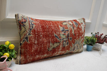 Handmade Red Floral Kilim Pillow Cover: Upcycled Woven Wool, 12x24