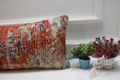 Handmade Red Floral Kilim Pillow Cover: Upcycled Woven Wool, 12x24