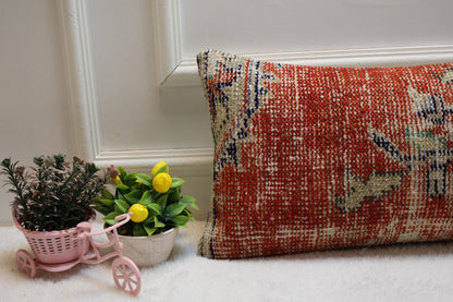 Handmade Red Floral Kilim Pillow Cover: Upcycled Woven Wool, 12x24