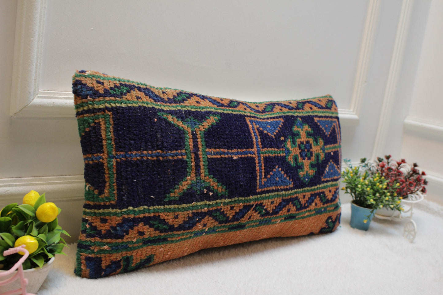 Vintage Turkish Rug Lumbar Pillow Cover: 12x24 Organic Wool Kilim Pillow