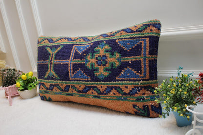 Vintage Turkish Rug Lumbar Pillow Cover: 12x24 Organic Wool Kilim Pillow