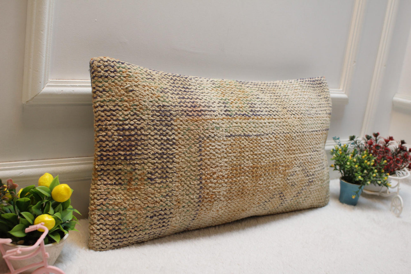 Handmade Anatolian Kilim Pillow Cover: Vintage Wool Lumbar Pillow (12X24 inc.)