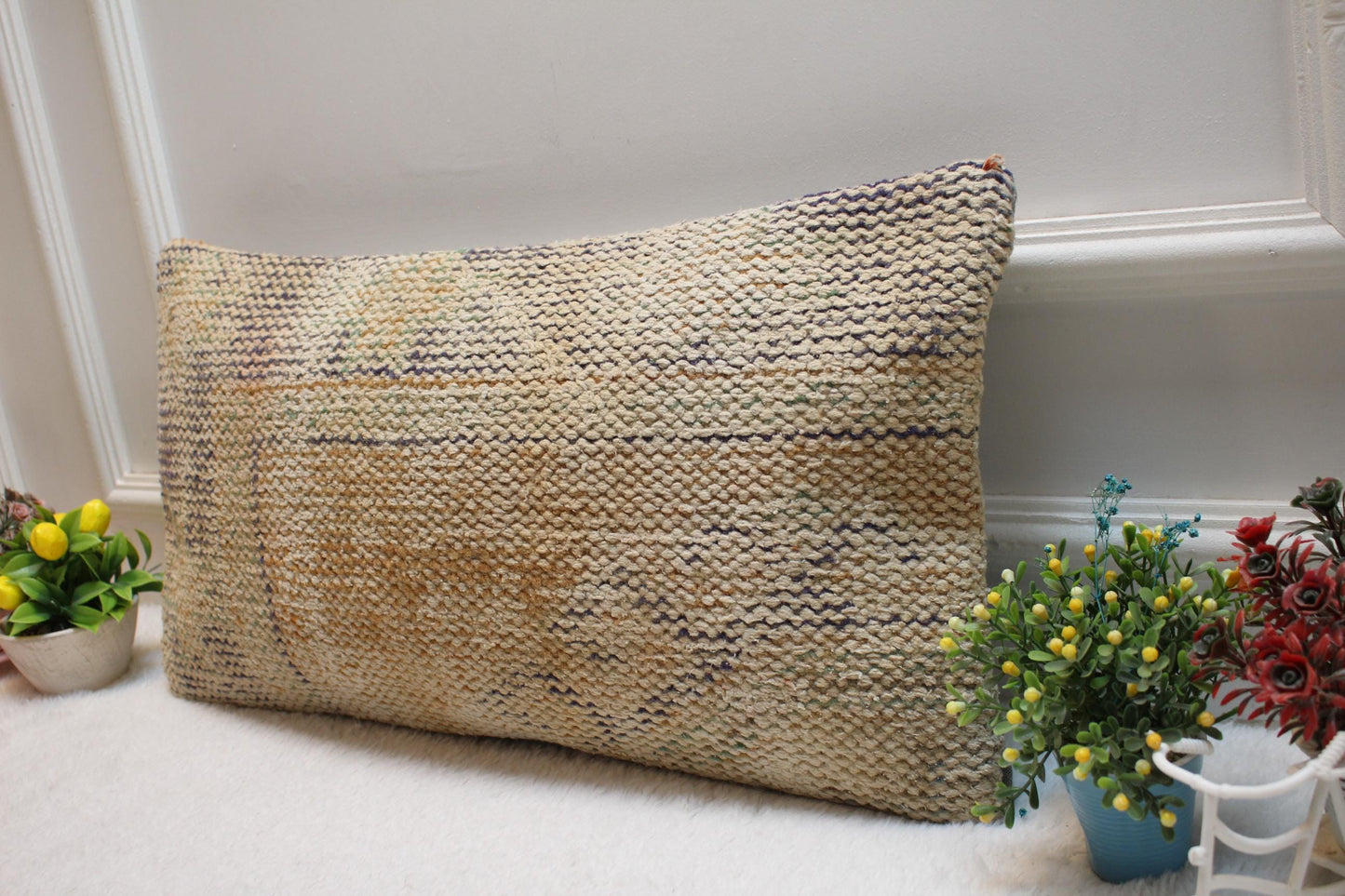 Handmade Anatolian Kilim Pillow Cover: Vintage Wool Lumbar Pillow (12X24 inc.)