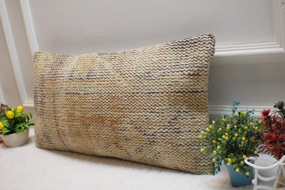 Handmade Anatolian Kilim Pillow Cover: Vintage Wool Lumbar Pillow (12X24 inc.)