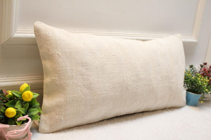 Handmade White Kilim Lumbar Pillow Cover: Upcycled Wool, 12x24 inch