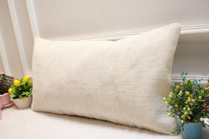 Handmade White Kilim Lumbar Pillow Cover: Upcycled Wool, 12x24 inch