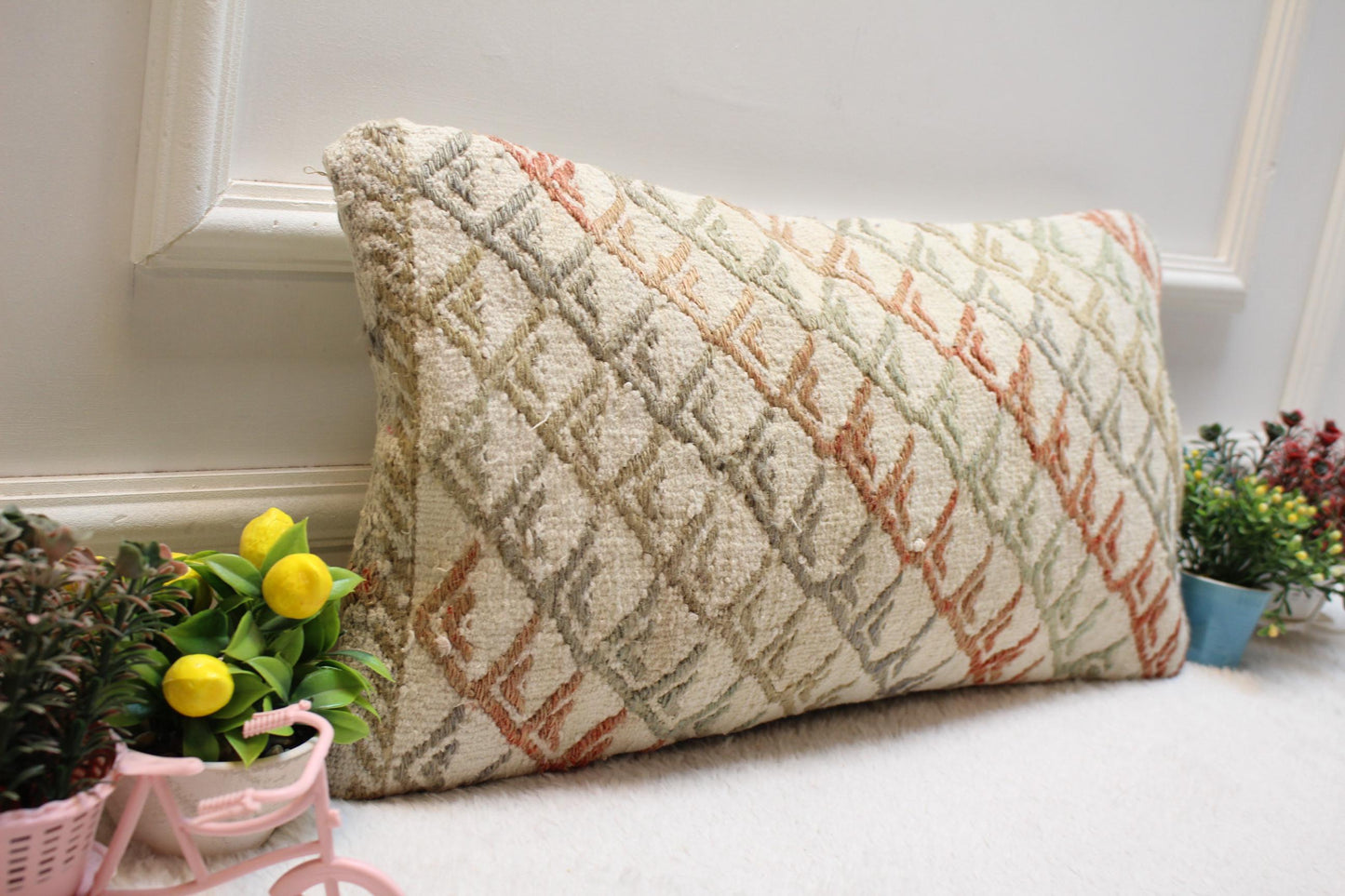 Handmade Kilim Lumbar Pillow Cover: Geometric Boho Design (12x24 in)