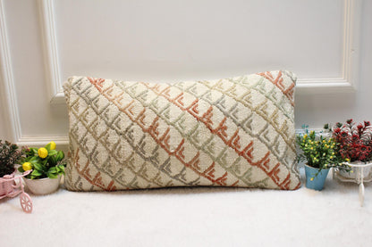 Handmade Kilim Lumbar Pillow Cover: Geometric Boho Design (12x24 in)