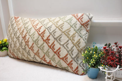 Handmade Kilim Lumbar Pillow Cover: Geometric Boho Design (12x24 in)