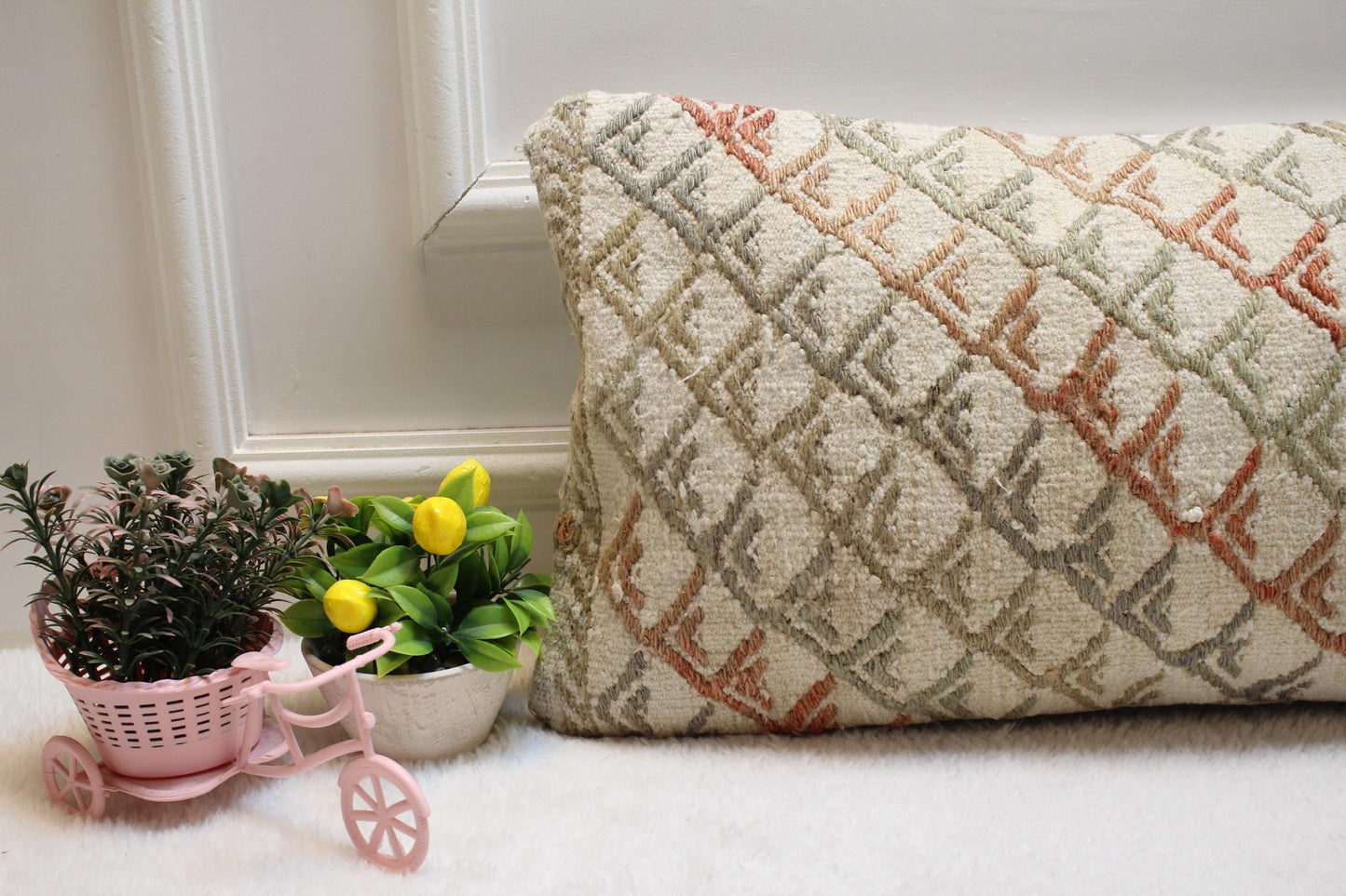 Handmade Kilim Lumbar Pillow Cover: Geometric Boho Design (12x24 in)
