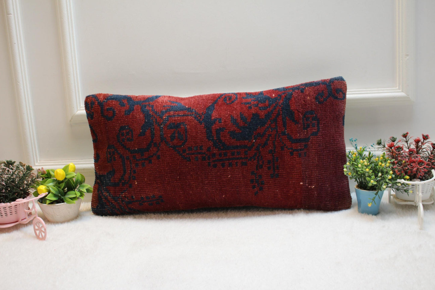 Handmade Red Kilim Lumbar Pillow Cover: Vintage Floral Design (12x24 in)