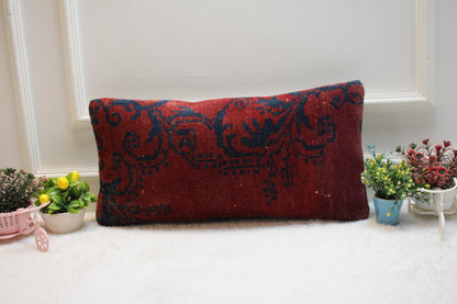 Handmade Red Kilim Lumbar Pillow Cover: Vintage Floral Design (12x24 in)