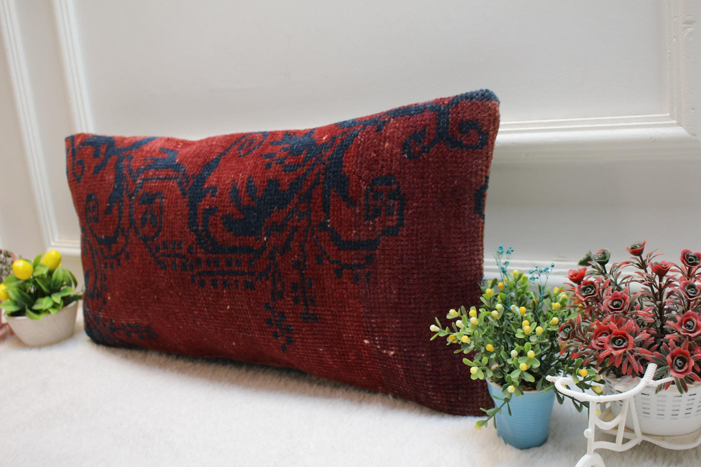 Handmade Red Kilim Lumbar Pillow Cover: Vintage Floral Design (12x24 in)