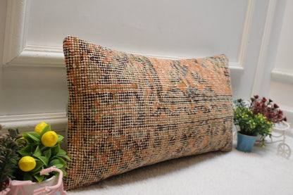 Orange Vintage Turkish Rug Lumbar Pillow Cover: 12x24 inch Wool Kilim