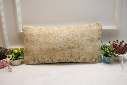 Beige Anatolian Lumbar Pillow Cover: Handmade Kilim Rug, 12x24 inch