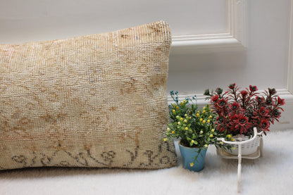 Beige Anatolian Lumbar Pillow Cover: Handmade Kilim Rug, 12x24 inch